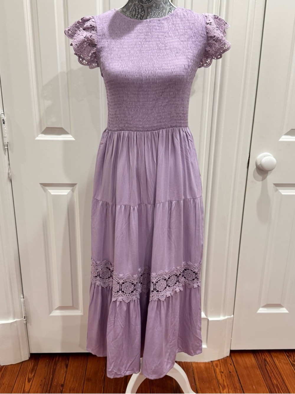 NEW Milkmaid Smocked Maxi Dress Size M Lavender Tiered Crochet Boho